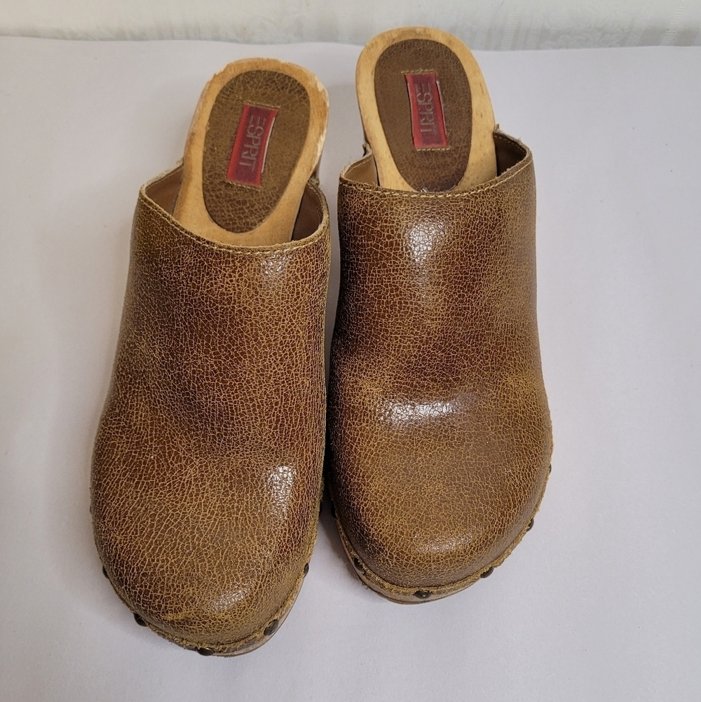 Esprit Vintage Y2K Brown Leather Wood Clogs Chunky Bratz Size 8 - Picture 3 of 10